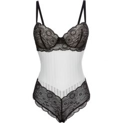 Body bonprix ecru-czarny. Białe body damskie bonprix, w koronkowe wzory, z koronki. Za 74,99 zł.