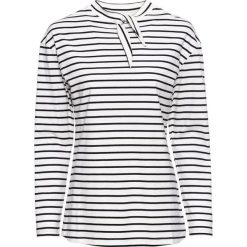 Shirt z ozdobnym przewiązaniem w dekolcie bonprix biel wełny - czarny w paski. Białe koszulki damskie bonprix, na co dzień, w paski, z wełny, bez kołnierzyka, z długim rękawem. Za 37,99 zł.