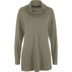 Długi shirt z golfem bonprix oliwkowy. Zielone koszulki damskie bonprix, bez wzorów, z golfem, z długim rękawem. Za 69,99 zł.