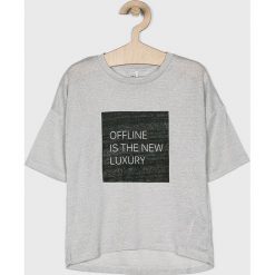 Name it - T-shirt dziecięcy 116-152 cm. Szare bluzki dziewczęce marki Name it, z nadrukiem, z poliesteru, z okrągłym kołnierzem, z krótkim rękawem, krótkie, bez kaptura. W wyprzedaży za 29,90 zł.