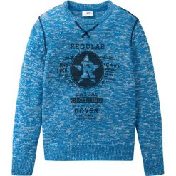 Sweter chłopięcy dzianinowy bonprix lodowy niebieski-biały melanż. Niebieskie swetry chłopięce bonprix, z nadrukiem, z dzianiny, bez kołnierzyka. Za 64,99 zł.
