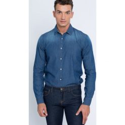Trussardi Jeans - Koszula. Niebieskie koszule męskie Trussardi Jeans, bez wzorów, z elastanu, klasyczne, z włoskim kołnierzykiem, z długim rękawem. W wyprzedaży za 199,90 zł.