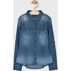 Guess Jeans - Koszula dziecięca 118-175 cm. Niebieskie bluzki dziewczęce Guess Jeans, z aplikacjami, z bawełny, z klasycznym kołnierzykiem, z długim rękawem, długie, bez kaptura. W wyprzedaży za 99,90 zł.
