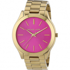 Zegarek kwarcowy "Slim Runway" w kolorze różowo-złotym. Żółte, analogowe zegarki damskie Michael Kors, ze stali. W wyprzedaży za 413,95 zł.