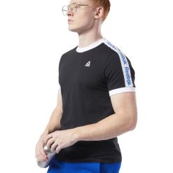 Reebok Essentials Linear Koszulka Czarny. Czarne podkoszulki męskie Reebok, s, z nadrukiem, z bawełny, z krótkim rękawem. Za 107,95 zł.