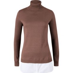 Sweter z golfem i wstawką z tkaniny bonprix jasnobrązowy. Pomarańczowe swetry damskie bonprix, bez wzorów, z tkaniny, bez rękawów. Za 69,99 zł.