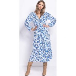 Długa Sukienka w Błękitno-Biała z Dekoltem V. Niebieskie sukienki dziewczęce Molly.pl, bez wzorów, z tkaniny, eleganckie, z długim rękawem, długie, maxi, trapezowe. Za 218,90 zł.