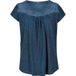 T-shirt "cold-dye" z ażurowym haftem bonprix ciemnoniebieski. Niebieskie koszulki damskie bonprix, z haftami, bez kołnierzyka. Za 59,99 zł.
