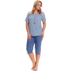 Piżama w kolorze niebiesko-białym - t-shirt, spodnie. Białe piżamy damskie Doctor Nap, xl, w paski. W wyprzedaży za 79,95 zł.