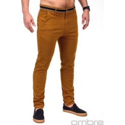 SPODNIE MĘSKIE CHINO P156 - RUDE. Czerwone chinosy męskie marki Ombre Clothing, s, w paski, z elastanu. Za 59,00 zł.