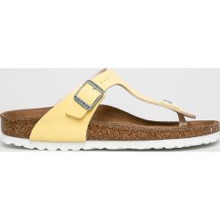 Birkenstock - Japonki. Żółte klapki damskie Birkenstock, bez wzorów, ze skóry, bez obcasa, na obcasie. W wyprzedaży za 219,90 zł.