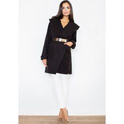 Czarny Krótki Stylowy Płaszcz z Dużym Kołnierzem bez Zapięcia. Czarne kurtki damskie Molly.pl, l, w paski, z tkaniny, eleganckie, długie, bez kaptura. Za 199,90 zł.