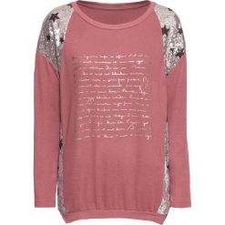 Shirt z cekinami, długi rękaw bonprix jeżynowy. Fioletowe swetry damskie bonprix, z nadrukiem, z długim rękawem, długie, bez kaptura. Za 119,99 zł.