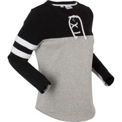 Bluza z wiązanym troczkiem, długi rękaw bonprix jasnoszary melanż - czarny. Szare bluzy damskie marki bonprix, melanż, z długim rękawem, długie. Za 89,99 zł.