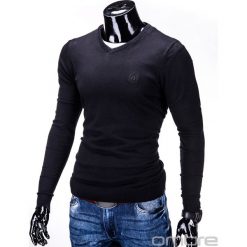 SWETER MĘSKI E74 - CZARNY. Czarne swetry klasyczne męskie marki Ombre Clothing, s, z bawełny, klasyczne, z dekoltem w serek. Za 49,00 zł.