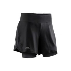 Spodenki do biegania RUN DRY + damskie. Czarne spodenki sportowe damskie KALENJI, l, bez wzorów, z elastanu, do biegania. Za 69,99 zł.