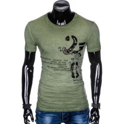 T-SHIRT MĘSKI Z NADRUKIEM S893 - OLIWKOWY. Zielone t-shirty męskie marki Ombre Clothing, s, z nadrukiem. Za 39,00 zł.