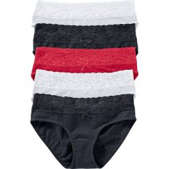Figi z koronką (5 par) bonprix czarny + biały + czerwony. Czarne majtki damskie bonprix, w paski, z koronki. Za 49,95 zł.