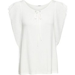 Shirt z falbanami bonprix biel wełny. Białe koszulki damskie bonprix, bez wzorów, z wełny, z okrągłym kołnierzem, bez rękawów. Za 89,99 zł.