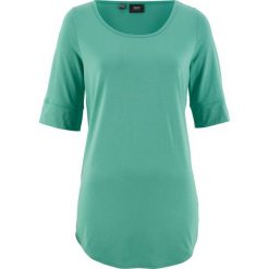Długi shirt, krótki rękaw bonprix zielony szałwiowy. Zielone koszulki damskie marki bonprix, bez wzorów, bez kołnierzyka. Za 44,99 zł.