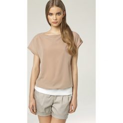 Beżowa Bluzka z Krótkim Rękawem. Brązowe podkoszulki damskie Molly.pl, s, bez wzorów, z jeansu, eleganckie, z okrągłym kołnierzem, z krótkim rękawem. Za 99,90 zł.
