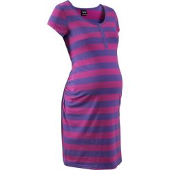 Koszula nocna do karmienia, bawełna organiczna bonprix fioletowo-lila w paski. Fioletowe koszule nocne ciążowe bonprix, w paski, z bawełny, eleganckie, bez kołnierzyka, moda ciążowa, bez rękawów. Za 59,99 zł.