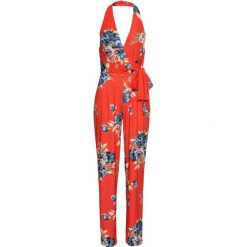 Kombinezon z nadrukiem bonprix ciemnopomarańczowo-niebieski w kwiaty. Pomarańczowe kombinezony damskie bonprix, z nadrukiem, bez kołnierzyka, bez rękawów. Za 149,99 zł.
