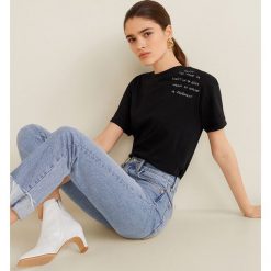 Mango - Top Embro. Czarne topy damskie marki Mango, s, z nadrukiem, z bawełny, z okrągłym kołnierzem. Za 49,90 zł.