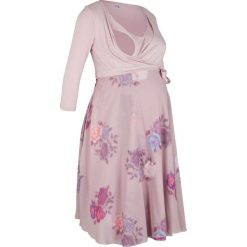 Sukienka shirtowa ciążowa i do karmienia piersią, kopertowa bonprix matowy jasnoróżowy. Fioletowe sukienki damskie bonprix, bez wzorów, bez kołnierzyka, moda ciążowa, bez rękawów, kopertowe. Za 159,99 zł.