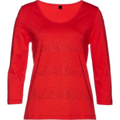 Shirt z połyskującymi kamieniami bonprix czerwony sygnałowy. Czerwone koszulki damskie marki bonprix, bez wzorów, bez kołnierzyka, bez rękawów. Za 79,99 zł.