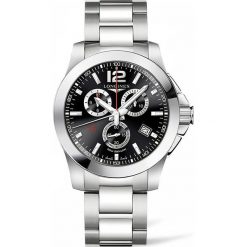 LONGINES CONQUEST CHRONO 1/100 SEC L3.800.4.56.6. Czarne zegarki męskie marki LONGINES, ze stali. Za 5230,00 zł.