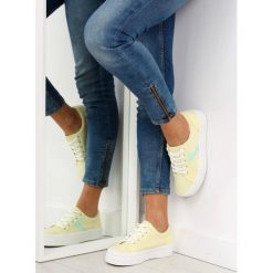 Trampki na wysokiej podeszwie żółte. Żółte buty sportowe damskie FunKee.pl, bez wzorów, z tkaniny, bez zapięcia. Za 90,99 zł.