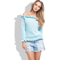 Błękitny Sweter z Dekoltem Typu Carmen. Niebieskie piżamy damskie Molly.pl, uniwersalny, bez wzorów, eleganckie, z krótkim rękawem, krótkie, bez kaptura. Za 99,90 zł.
