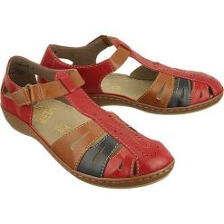 RIEKER 45867-33 red, sandały damskie. Czerwone sandały damskie Rieker, bez wzorów, ze skóry, bez obcasa, bez zapięcia. Za 269,90 zł.