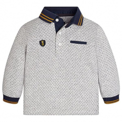 Koszulka polo w kolorze szaro-granatowym. Niebieskie t-shirty chłopięce marki Mayoral, z aplikacjami. W wyprzedaży za 57,95 zł.