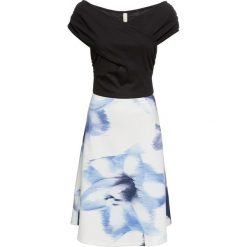 Sukienka off-shoulder w kwiaty bonprix czarno-biało-niebieski. Czarne sukienki damskie bonprix, w kwiaty, bez kołnierzyka, bez rękawów. Za 124,99 zł.
