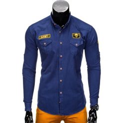 Koszula męska z długim rękawem K361 - granatowa. Niebieskie koszule męskie Ombre Clothing, s, z aplikacjami, eleganckie, z kontrastowym kołnierzykiem, z długim rękawem. Za 49,00 zł.