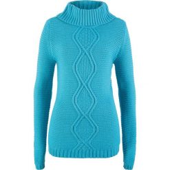 Sweter z warkoczem bonprix turkusowy. Niebieskie swetry damskie bonprix, bez wzorów, bez rękawów, bez kaptura. Za 54,99 zł.