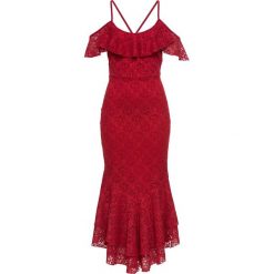 Sukienka koronkowa z falbaną bonprix ciemnoczerwony. Czerwone sukienki damskie bonprix, w koronkowe wzory, z koronki, glamour, bez kołnierzyka, bez rękawów. Za 109,99 zł.