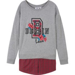 Shirt z długim rękawem i koszulową wstawką bonprix jasnoszary melanż -szaro-czerwony. Szare bluzki dziewczęce bonprix, z nadrukiem, z okrągłym kołnierzem, z długim rękawem, długie, bez kaptura. Za 34,99 zł.