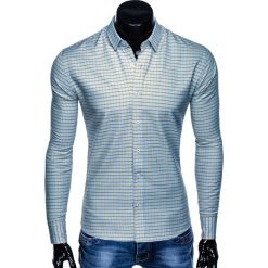 KOSZULA MĘSKA W KRATĘ Z DŁUGIM RĘKAWEM K439 - BŁĘKITNA/ŻÓŁTA. Żółte koszule męskie Ombre Clothing, s, bez wzorów, z bawełny, bez kołnierzyka, z długim rękawem. Za 29,00 zł.