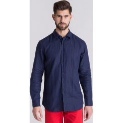 Granatowa lniana koszula męska. Niebieskie koszule męskie Trussardi Jeans, m, bez wzorów, z włoskim kołnierzykiem, bez rękawów. Za 195,60 zł.