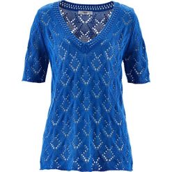 Swetry klasyczne damskie: Sweter ażurowy, krótki rękaw bonprix lazurowy niebieski