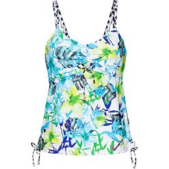 Top tankini minimizer na fiszbinach bonprix niebiesko-zielony z nadrukiem. Niebieskie stroje kąpielowe damskie bonprix, z nadrukiem, bez kołnierzyka. Za 79,99 zł.