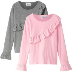 Shirt z długim rękawem i falbanami (2 szt.) bonprix pudrowy jasnoróżowy + szary melanż. Szare bluzki dziewczęce bonprix, bez wzorów, bez kołnierzyka, z długim rękawem, długie, bez kaptura. Za 55,98 zł.