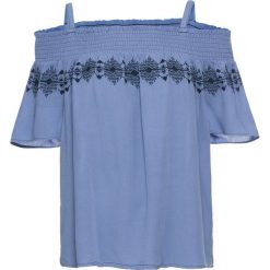 Bluzka z haftem bonprix jasnoniebieski. Niebieskie koszulki damskie bonprix, z haftami, bez kołnierzyka, bez rękawów. Za 89,99 zł.