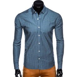 KOSZULA MĘSKA W KRATĘ Z DŁUGIM RĘKAWEM K436 - GRANATOWA/ZIELONA. Zielone koszule męskie Ombre Clothing, s, bez wzorów, z bawełny, eleganckie, bez kołnierzyka, z długim rękawem. Za 39,00 zł.