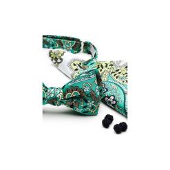Komplet Mucha wiązana FLORES kwiaty +poszetka +spinki do mankietów. Zielone muszki męskie marki HisOutfit, w kwiaty, z materiału, wizytowe. Za 149,00 zł.