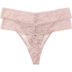 Stringi (2 pary) bonprix cielisty + cielisty. Brązowe stringi damskie bonprix, w koronkowe wzory, z koronki. Za 35,98 zł.