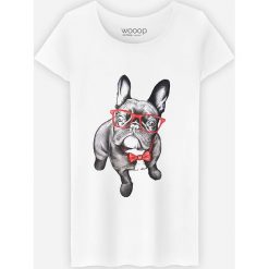 Koszulka "Happy Dog" w kolorze białym. Białe koszulki damskie Wooop, xl, z nadrukiem, z bawełny, z okrągłym kołnierzem. W wyprzedaży za 56,95 zł.